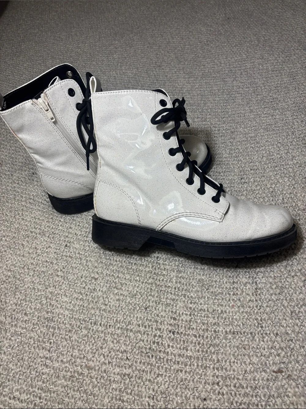 WHITE Glossy Sparkle Combat Boots,zip/lace